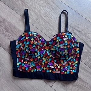 Charmian Colorful Beaded Rhinestone Push Up Bra Bustier Club Crop Top Size 2XL‎